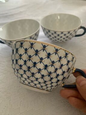 Lomonosov style Elegant Blue & Gold Porcelain 3 Tea Cups
